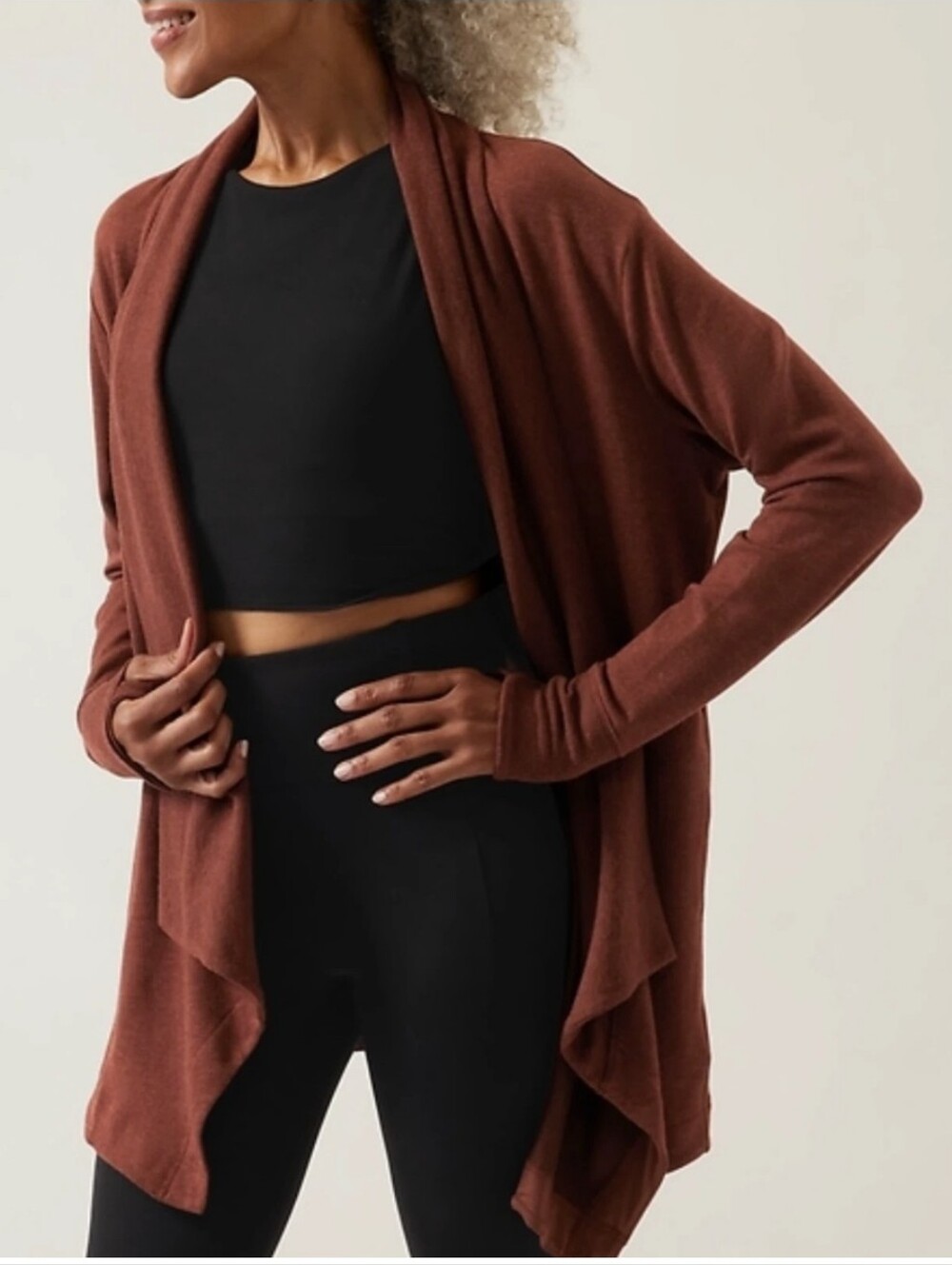 Athleta Open-Front Draped Cardigan in Rust Brown